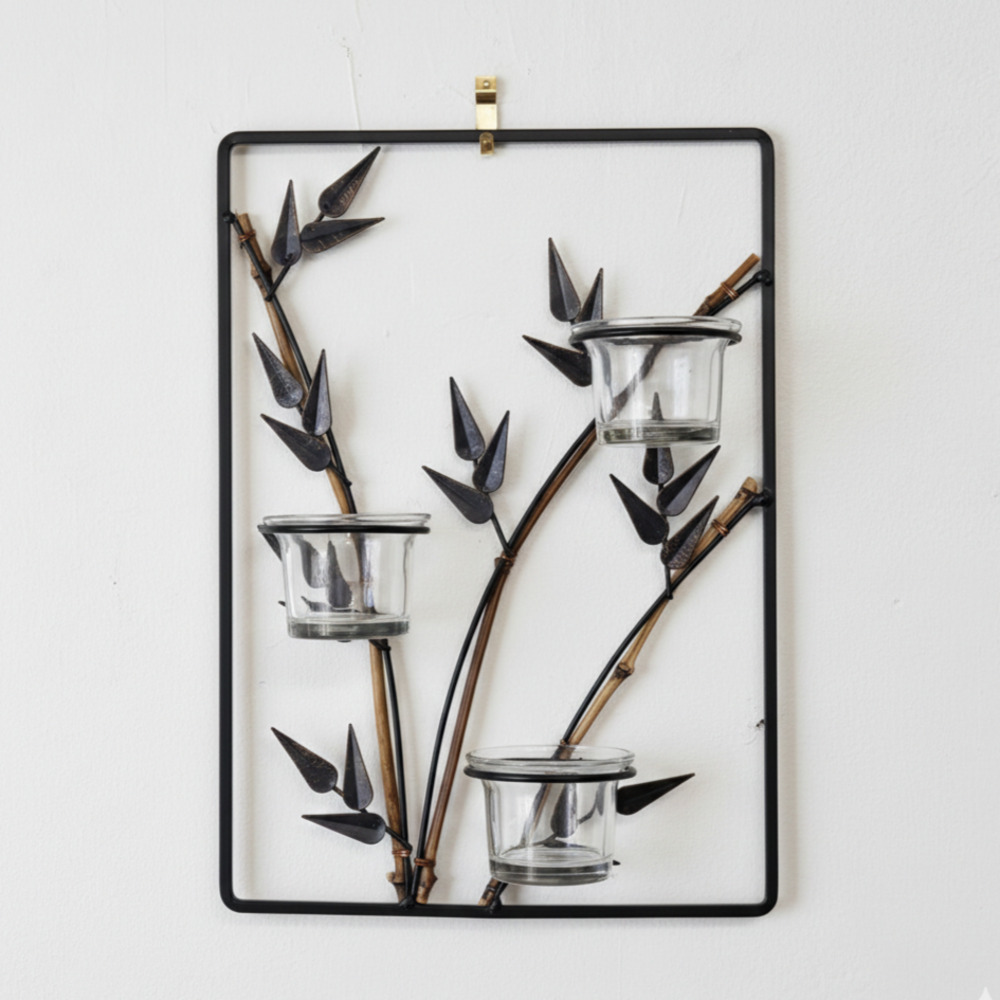 Vintage Bamboo & Metal Wall Candle Holder – 1970s Triple Glass Votive Sconce